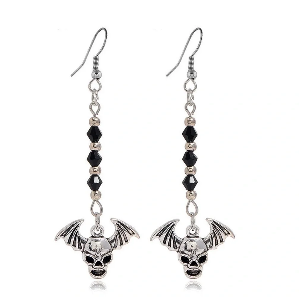 Silver/Black Winged Skull Drop Earrings